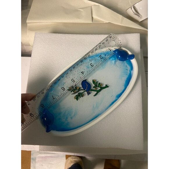 Handcrafted and Hand Painted Resin Blue Birds on an Oval Tray Cloudy Sky - Picture 7 of 7